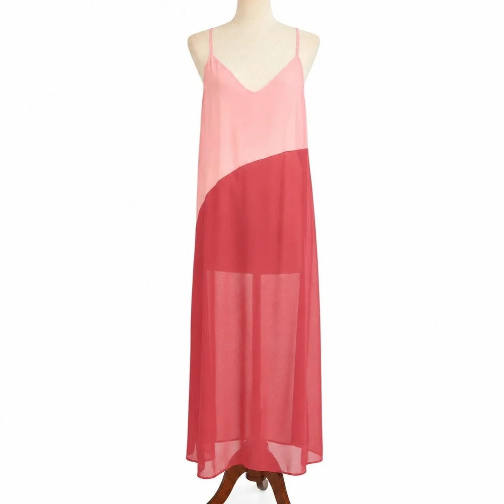Lulus Pink Sheer Colorblock Maxi Dress M Cover Up Deep V Back Resort Chic Beach